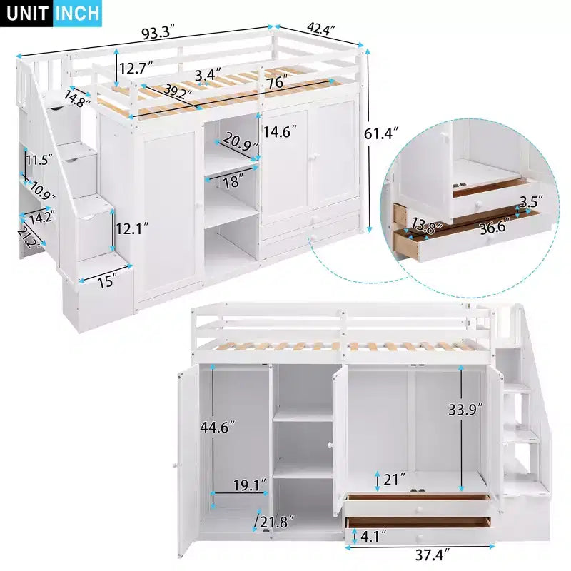 Full Loft Bed with Wardrobes, Drawers, Shelves & Storage Ladder, Pine Wood, 93x42in