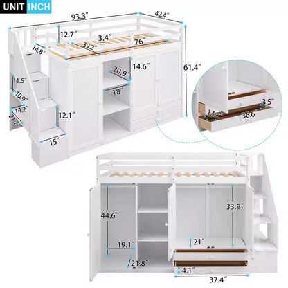 Full Loft Bed with Wardrobes, Drawers, Shelves & Storage Ladder, Pine Wood, 93x42in