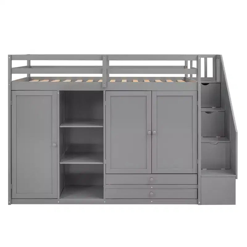 Full Loft Bed with Wardrobes, Drawers, Shelves & Storage Ladder, Pine Wood, 93x42in