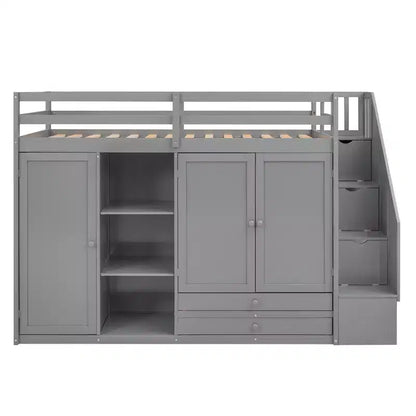 Full Loft Bed with Wardrobes, Drawers, Shelves & Storage Ladder, Pine Wood, 93x42in