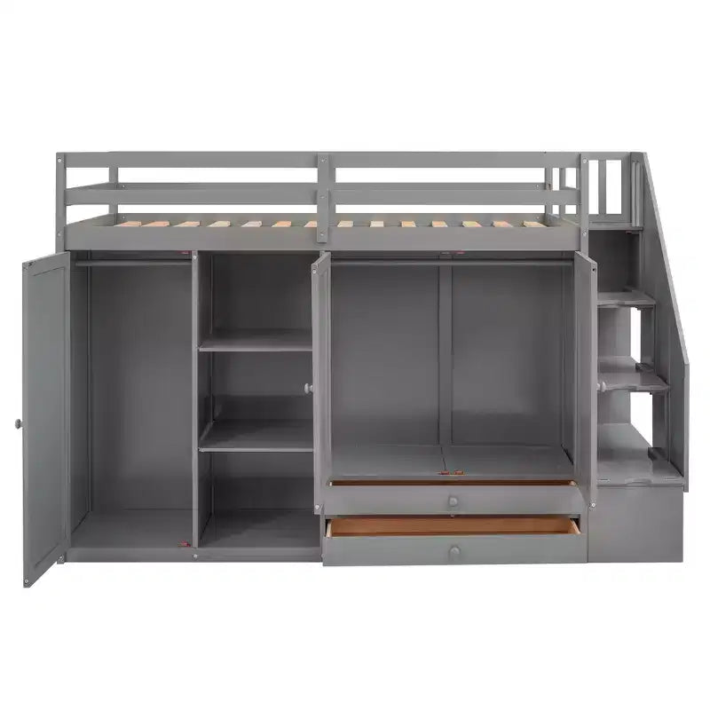 Full Loft Bed with Wardrobes, Drawers, Shelves & Storage Ladder, Pine Wood, 93x42in