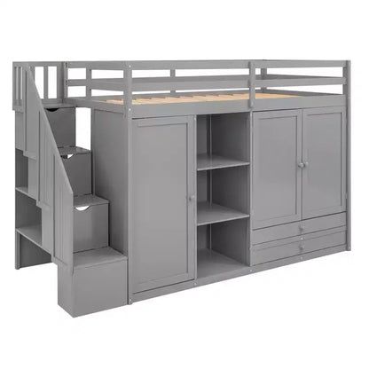 Full Loft Bed with Wardrobes, Drawers, Shelves & Storage Ladder, Pine Wood, 93x42in