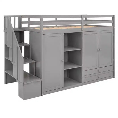 Full Loft Bed with Wardrobes, Drawers, Shelves & Storage Ladder, Pine Wood, 93x42in