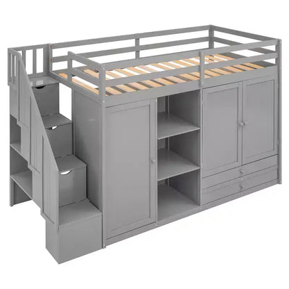 Full Loft Bed with Wardrobes, Drawers, Shelves & Storage Ladder, Pine Wood, 93x42in