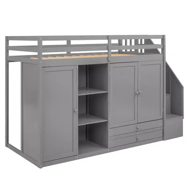 Full Loft Bed with Wardrobes, Drawers, Shelves & Storage Ladder, Pine Wood, 93x42in