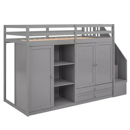 Full Loft Bed with Wardrobes, Drawers, Shelves & Storage Ladder, Pine Wood, 93x42in