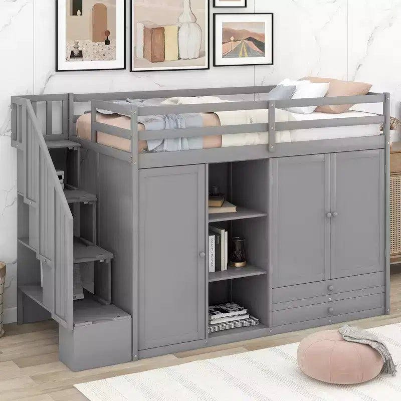 Full Loft Bed with Wardrobes, Drawers, Shelves & Storage Ladder, Pine Wood, 93x42in