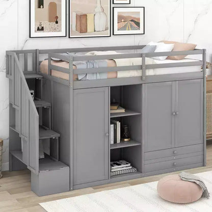 Full Loft Bed with Wardrobes, Drawers, Shelves & Storage Ladder, Pine Wood, 93x42in