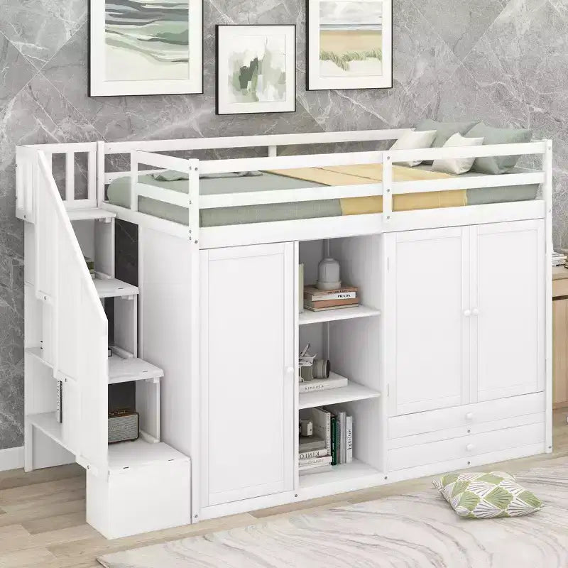 Whisen 93.3''L*42.4''W Functional Loft Bed with 3 Shelves, Wardrobes, Drawers, Ladder with Storage