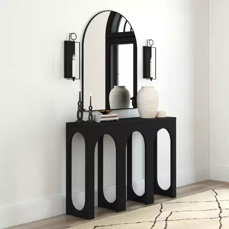 47in Solid Pine Wood Console Table with Arch Legs, Low-VOC Finish, Entryway & Foyer