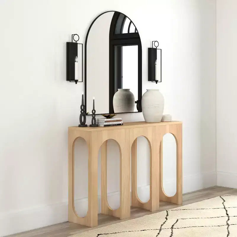 47in Solid Pine Wood Console Table with Arch Legs, Low-VOC Finish, Entryway & Foyer