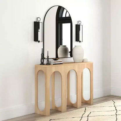 47in Solid Pine Wood Console Table with Arch Legs, Low-VOC Finish, Entryway & Foyer