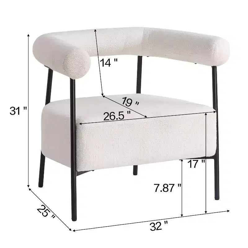 Modern Boucle Upholstered Curved Accent Chair with Metal Frame, White, 300 lbs