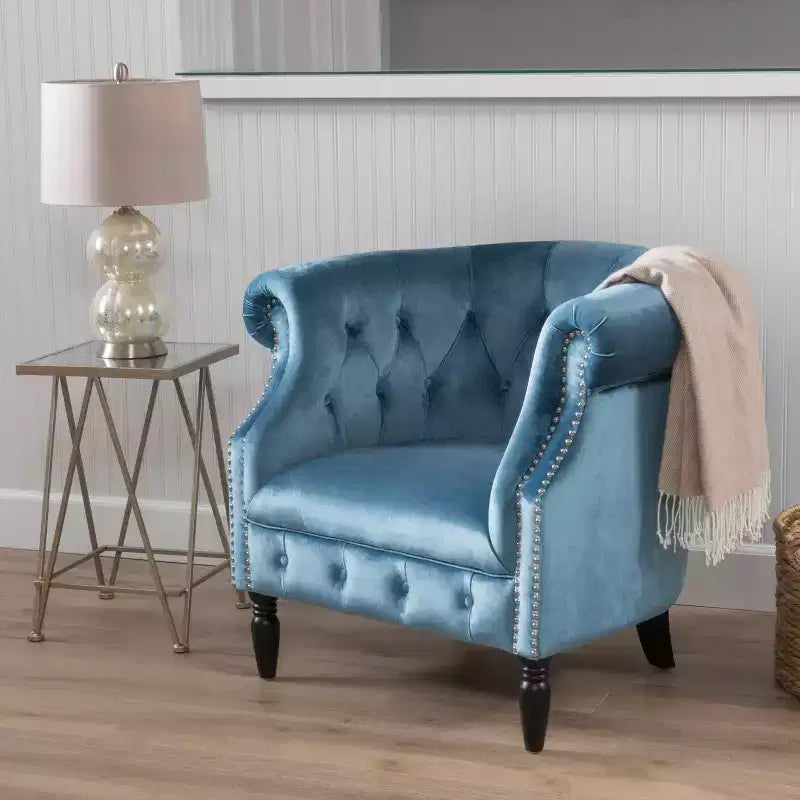 Contemporary Button-Tufted Upholstered Club Chair with Nailhead Trim & Birch Legs