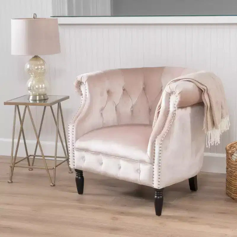 Contemporary Button-Tufted Upholstered Club Chair with Nailhead Trim & Birch Legs