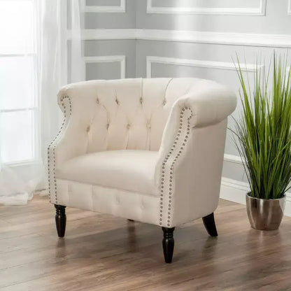 Contemporary Button-Tufted Upholstered Club Chair with Nailhead Trim & Birch Legs
