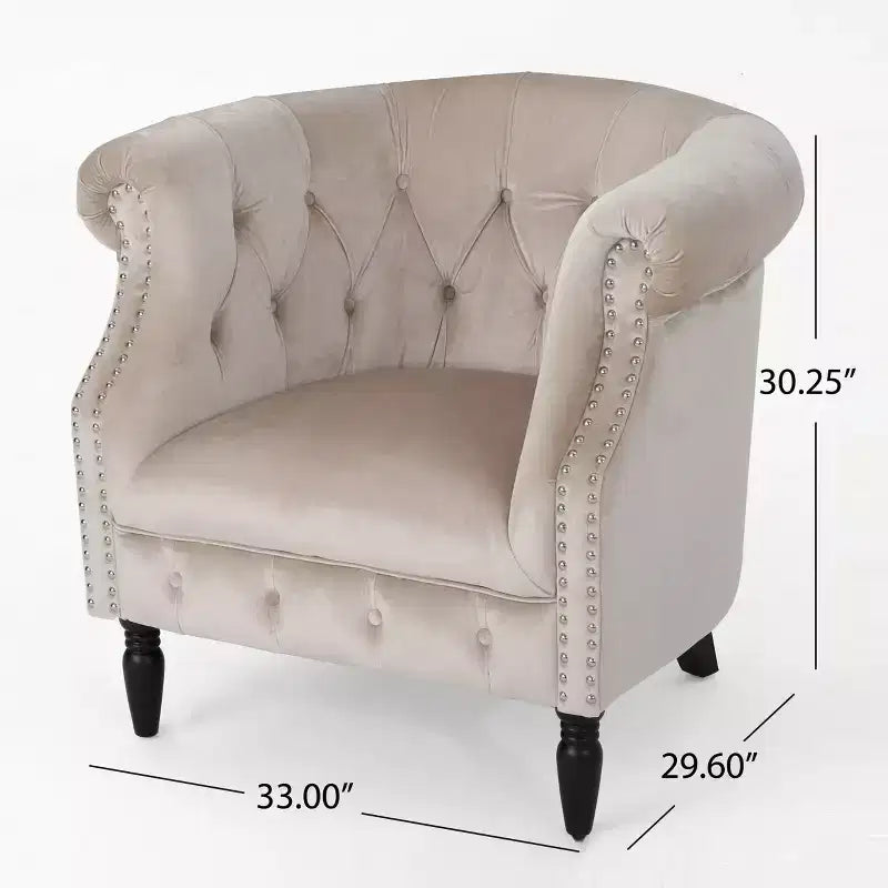 Contemporary Button-Tufted Upholstered Club Chair with Nailhead Trim & Birch Legs