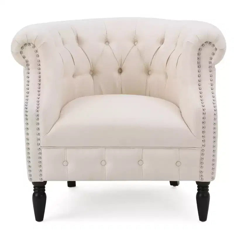Contemporary Button-Tufted Upholstered Club Chair with Nailhead Trim & Birch Legs