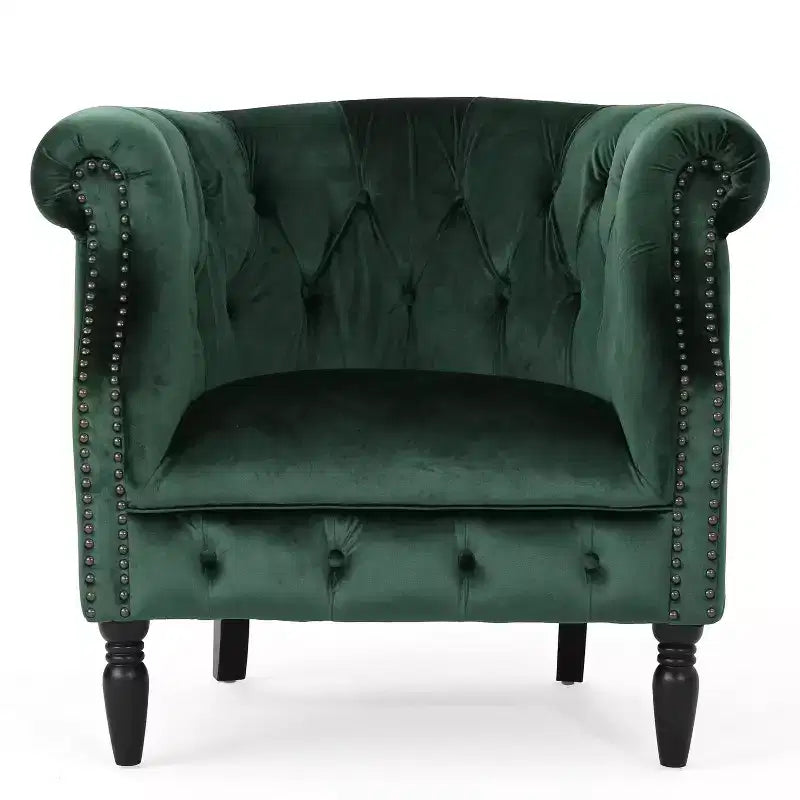 Contemporary Button-Tufted Upholstered Club Chair with Nailhead Trim & Birch Legs