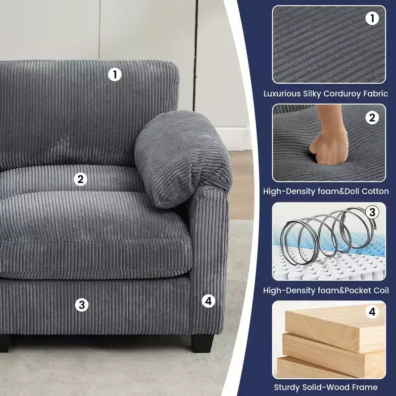 60.6in Upholstered Corduroy Loveseat Sofa, Modular 2-Seater, 500 lbs Capacity