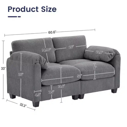 60.6in Upholstered Corduroy Loveseat Sofa, Modular 2-Seater, 500 lbs Capacity