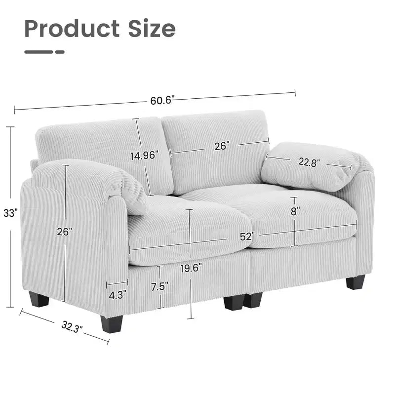 60.6in Upholstered Corduroy Loveseat Sofa, Modular 2-Seater, 500 lbs Capacity