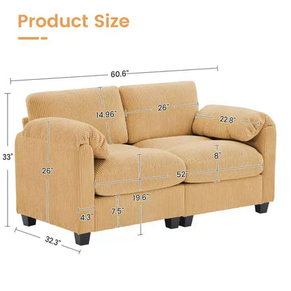 60.6in Upholstered Corduroy Loveseat Sofa, Modular 2-Seater, 500 lbs Capacity