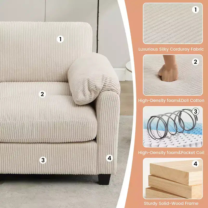 60.6in Upholstered Corduroy Loveseat Sofa, Modular 2-Seater, 500 lbs Capacity
