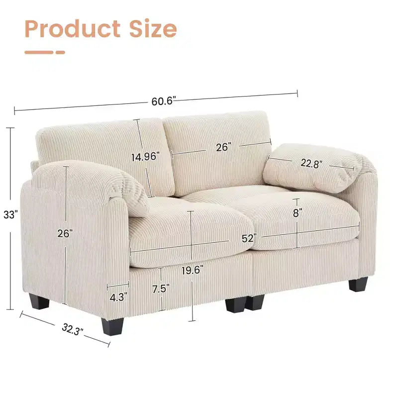 60.6in Upholstered Corduroy Loveseat Sofa, Modular 2-Seater, 500 lbs Capacity