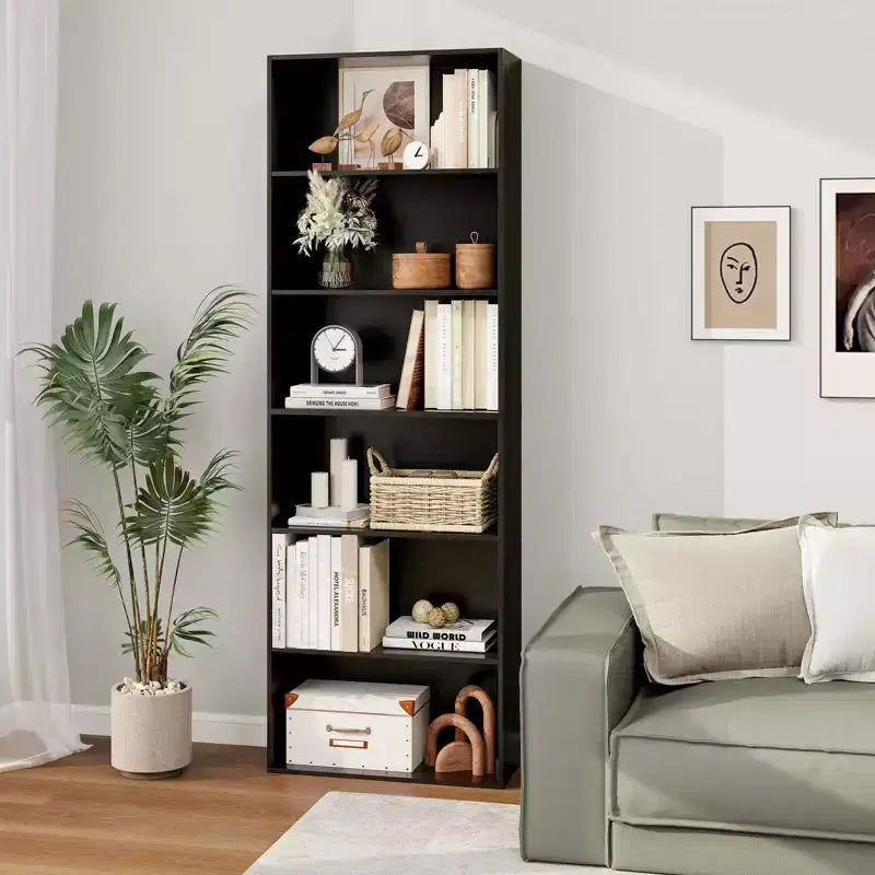 70in Tall 6-Tier Open Bookcase with Anti-Toppling Kits, Rustic Brown & Black