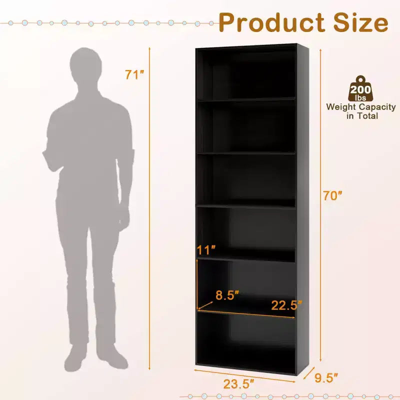 70in Tall 6-Tier Open Bookcase with Anti-Toppling Kits, Rustic Brown & Black