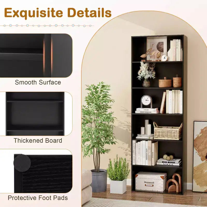 70in Tall 6-Tier Open Bookcase with Anti-Toppling Kits, Rustic Brown & Black
