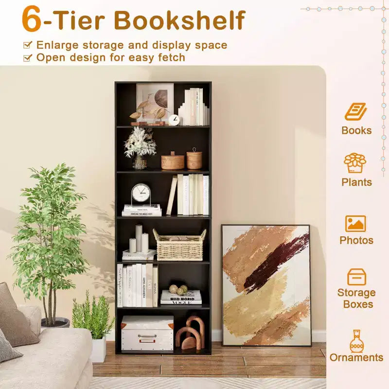 70in Tall 6-Tier Open Bookcase with Anti-Toppling Kits, Rustic Brown & Black