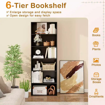 70in Tall 6-Tier Open Bookcase with Anti-Toppling Kits, Rustic Brown & Black