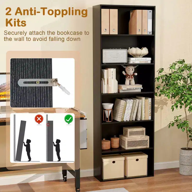 70in Tall 6-Tier Open Bookcase with Anti-Toppling Kits, Rustic Brown & Black