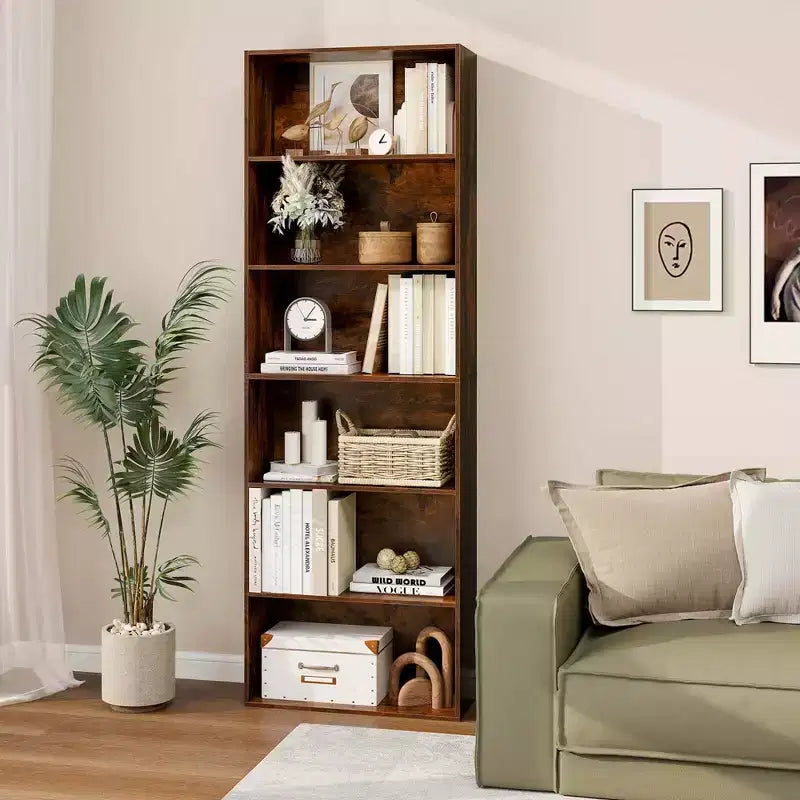 70in Tall 6-Tier Open Bookcase with Anti-Toppling Kits, Rustic Brown & Black