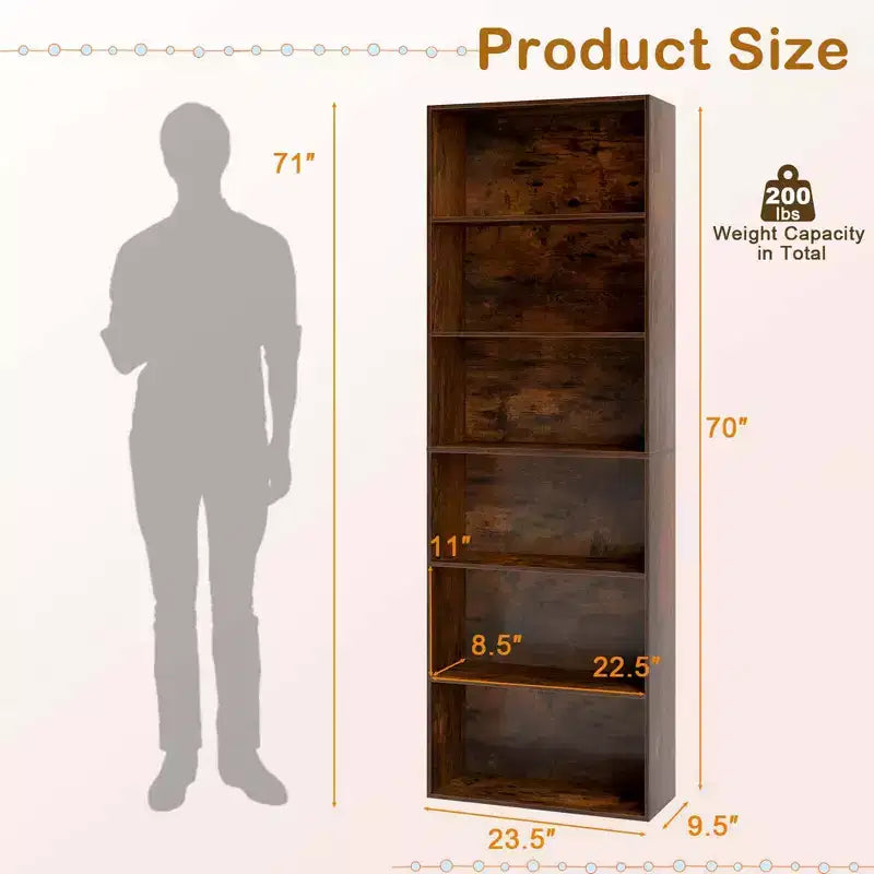 70in Tall 6-Tier Open Bookcase with Anti-Toppling Kits, Rustic Brown & Black