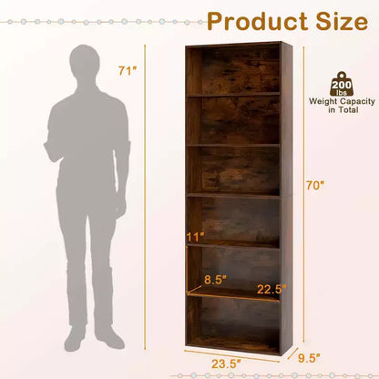 70in Tall 6-Tier Open Bookcase with Anti-Toppling Kits, Rustic Brown & Black
