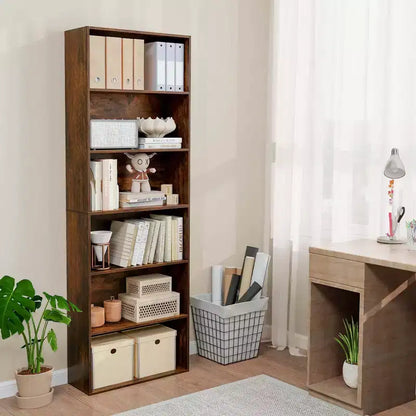 70in Tall 6-Tier Open Bookcase with Anti-Toppling Kits, Rustic Brown & Black