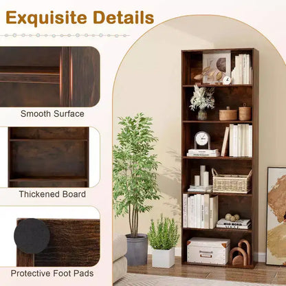70in Tall 6-Tier Open Bookcase with Anti-Toppling Kits, Rustic Brown & Black