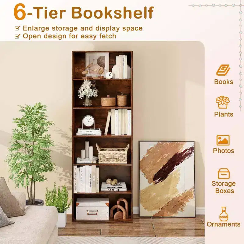 70in Tall 6-Tier Open Bookcase with Anti-Toppling Kits, Rustic Brown & Black