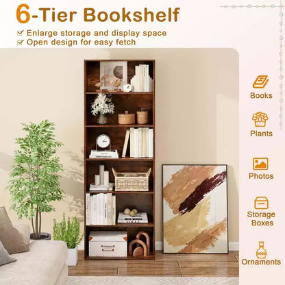 70in Tall 6-Tier Open Bookcase with Anti-Toppling Kits, Rustic Brown & Black