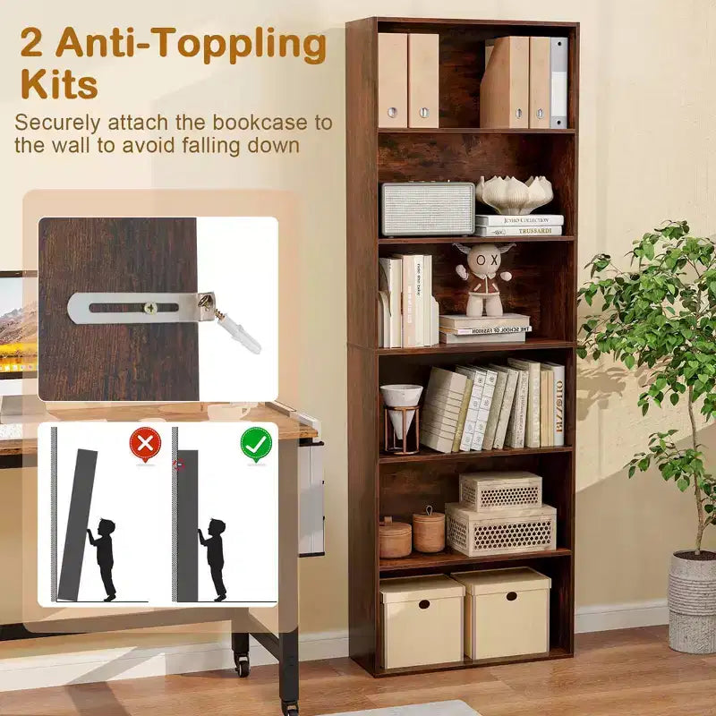 70in Tall 6-Tier Open Bookcase with Anti-Toppling Kits, Rustic Brown & Black