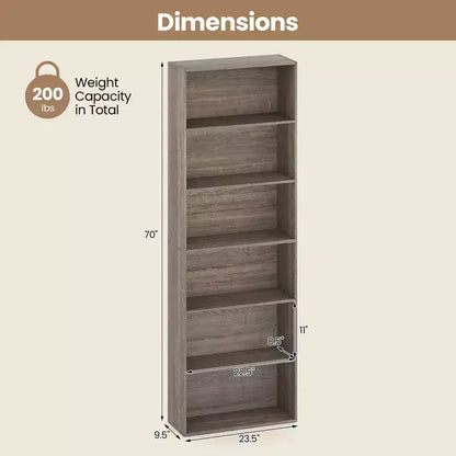 70in Tall 6-Tier Open Bookcase with Anti-Toppling Kits, Rustic Brown & Black