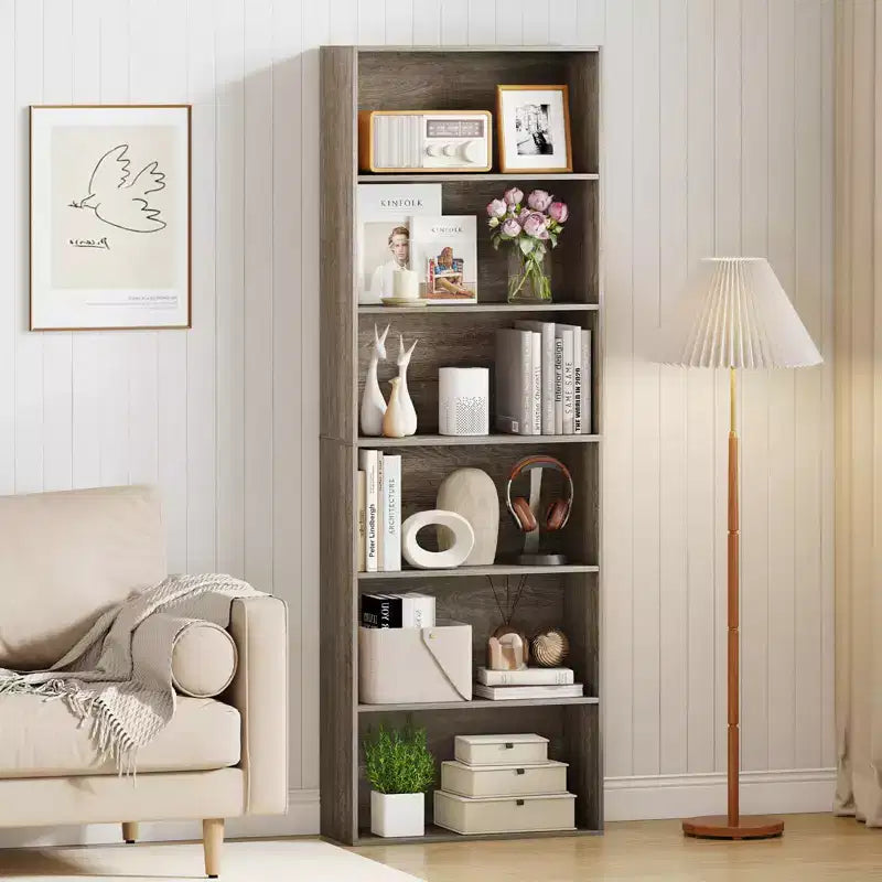70in Tall 6-Tier Open Bookcase with Anti-Toppling Kits, Rustic Brown & Black