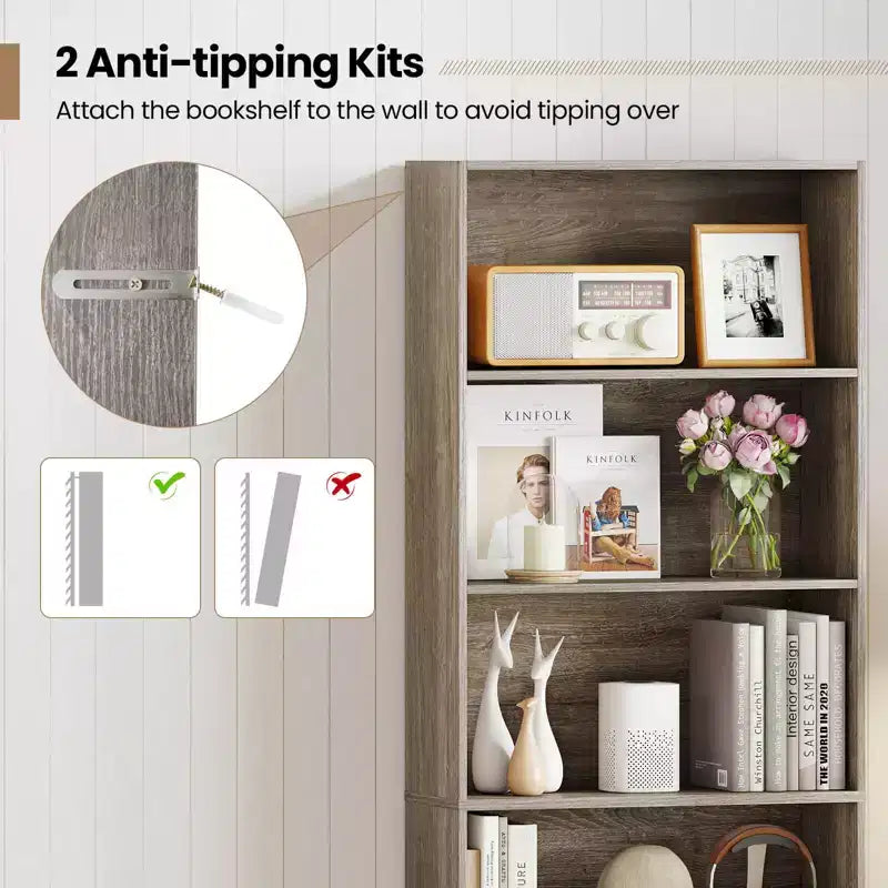 70in Tall 6-Tier Open Bookcase with Anti-Toppling Kits, Rustic Brown & Black
