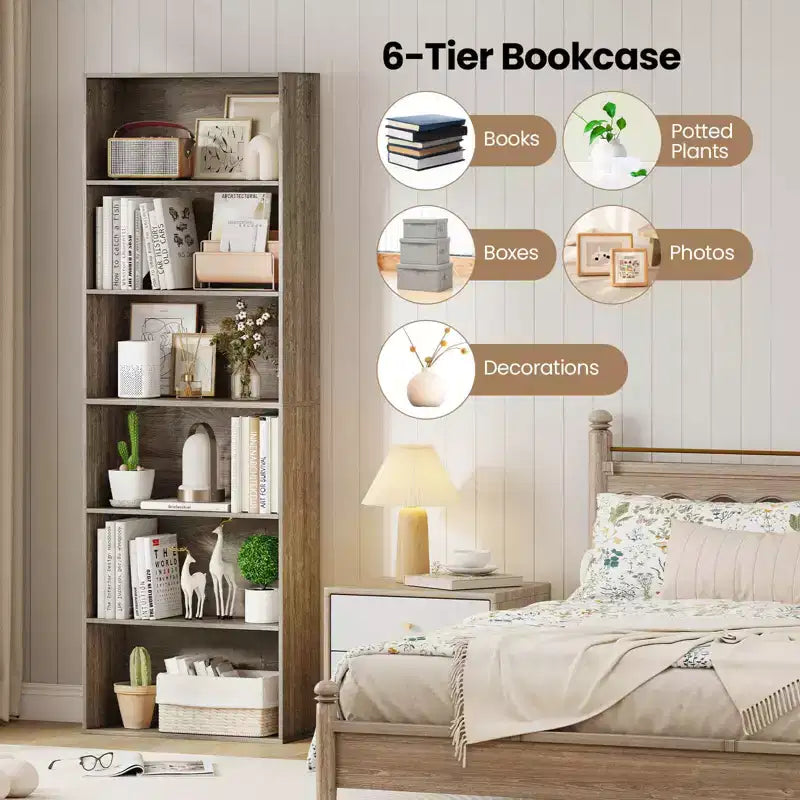 70in Tall 6-Tier Open Bookcase with Anti-Toppling Kits, Rustic Brown & Black