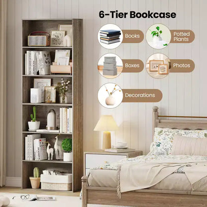 70in Tall 6-Tier Open Bookcase with Anti-Toppling Kits, Rustic Brown & Black