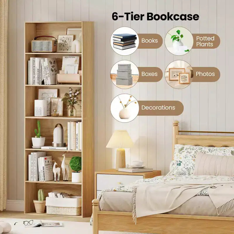 70in Tall 6-Tier Open Bookcase with Anti-Toppling Kits, Rustic Brown & Black