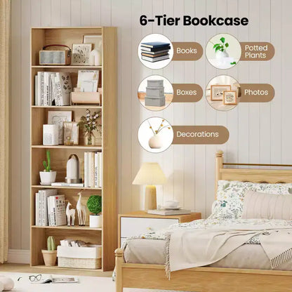 70in Tall 6-Tier Open Bookcase with Anti-Toppling Kits, Rustic Brown & Black